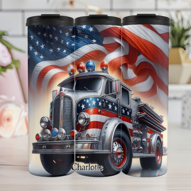 Bouteilles Isothermes Camion d'incendie classique en argent avec drapeau (Créateur téléchargé)