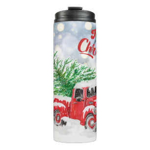 Bouteilles Isothermes Camion Rouge Vintage De Noël Avec Un Arbre Wagon-