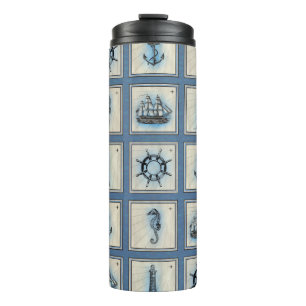 Bouteilles Isothermes Carreaux marins   Blue Lighthouse Ancre Ship Wheel