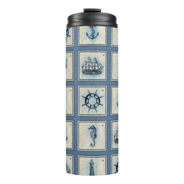 Bouteilles Isothermes Carreaux marins | Blue Lighthouse Ancre Ship Wheel (Devant)