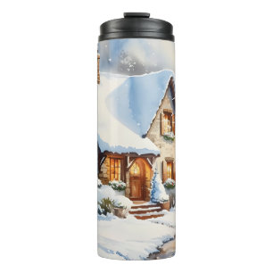 Bouteilles Isothermes Chalet neigeux Aquarelle Peinture Art