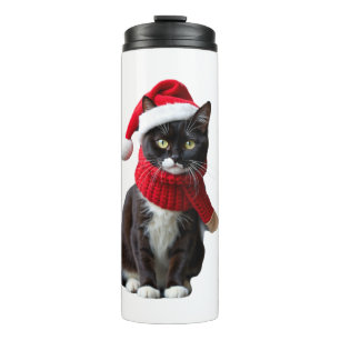 Bouteilles Isothermes Chapeau écharpe de Noël laid chat noir Père Noël v