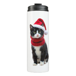 Bouteilles Isothermes Chapeau écharpe de Noël laid chat noir Père Noël v