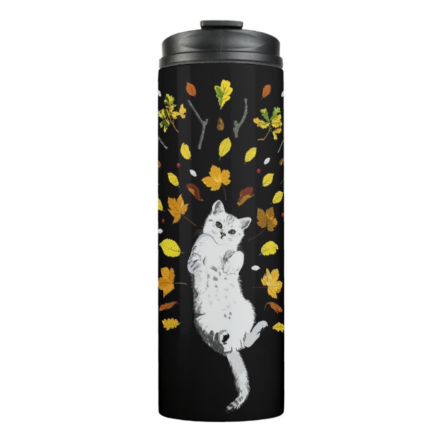 Bouteilles Isothermes Chat blanc avec illustration des feuilles de chute (Devant)
