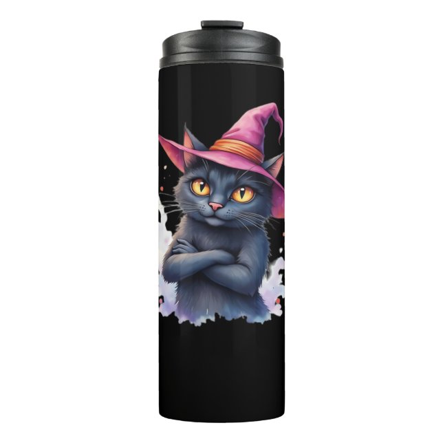 Bouteilles Isothermes Chat noir mignon en sorcier Casquette - Halloween  (Devant)
