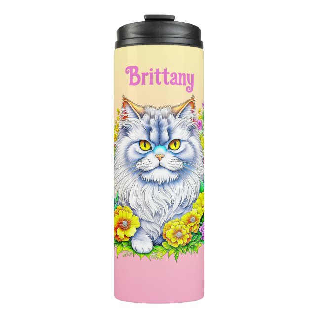 Bouteilles Isothermes Chat perse blanc en fleurs Personnalisé (Devant)