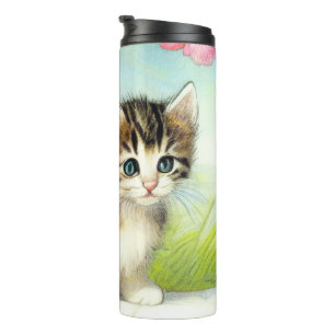 Bouteilles Isothermes Chaton vintage blanc et Brown avec fleurs