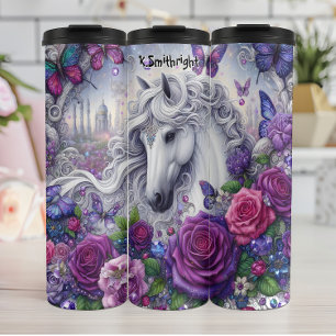 Bouteilles Isothermes Cheval blanc enchanté Fleurs violettes Papillons