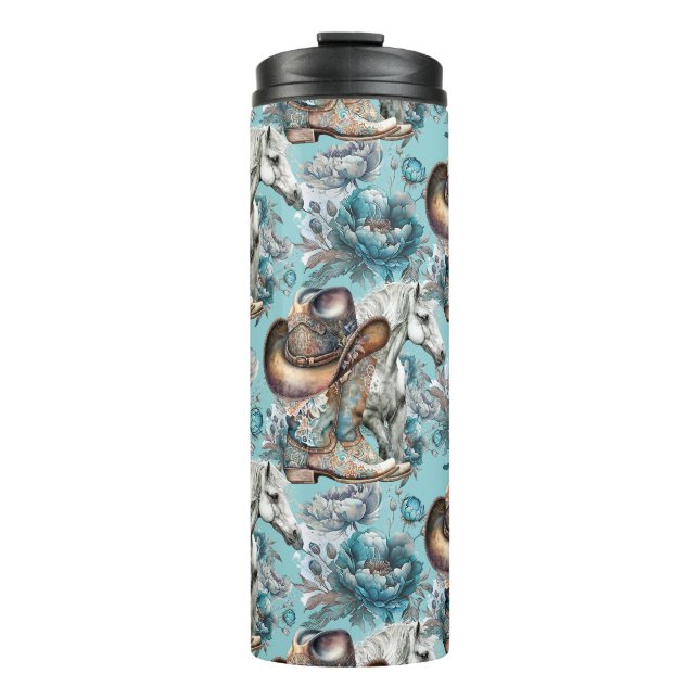 Bouteilles Isothermes Cheval fille cowgirl motif floral turquoise (Devant)