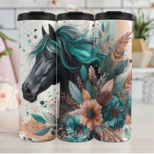 Bouteilles Isothermes Cheval Noir avec Fleurs Turquoises Mane