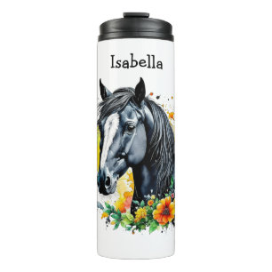 Bouteilles Isothermes Cheval noir entouré de fleurs Personnalisé