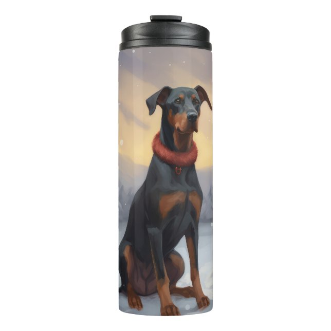 Bouteilles Isothermes Chien Doberman pendant Noël de neige (Devant)
