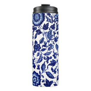 Bouteilles Isothermes Chinois bleu marine foncé motif floral sur blanc