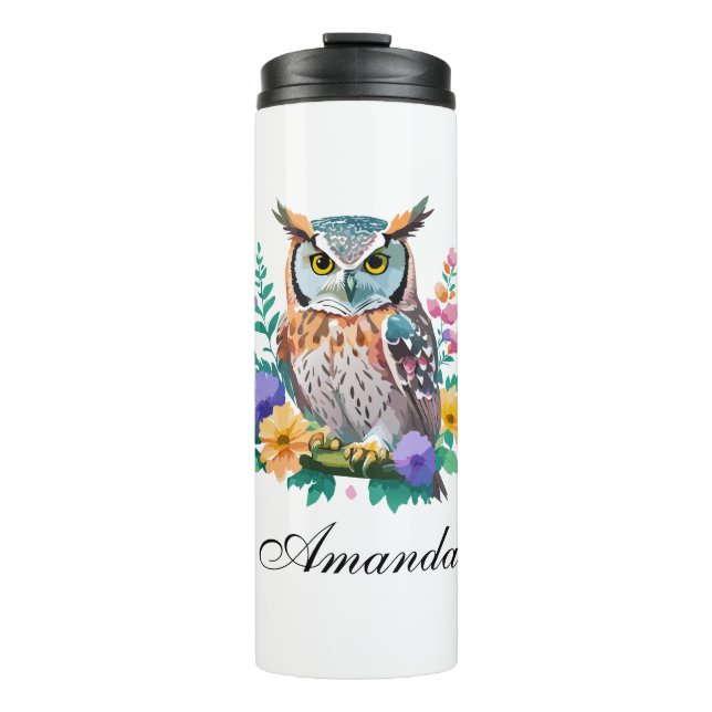 Bouteilles Isothermes Chouette aquarelle et fleurs colorées (Devant)