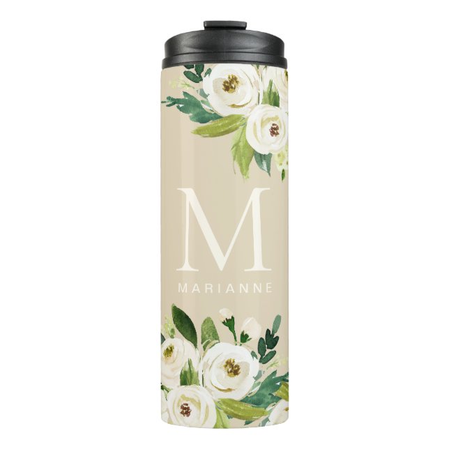 Bouteilles Isothermes Citation de monogramme personnalisée à la florale  (Devant)