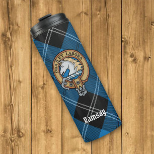Bouteilles Isothermes Clan Ramsay Crest sur Blue Hunter Tartan