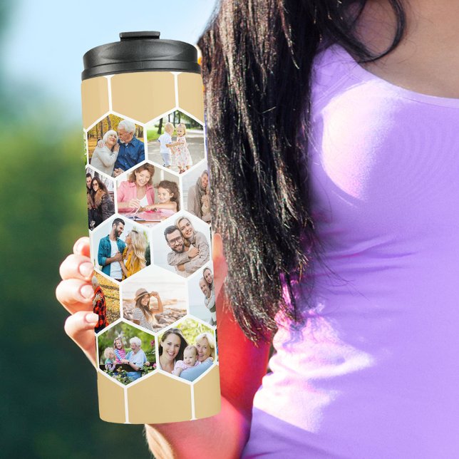 Bouteilles Isothermes Collage de photos Hexagon géométrique 28 hauteur d (Photo travel tumbler with 28 of your favorite pics and honey beige hexagon honeycomb pattern)