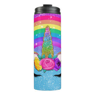 Bouteilles Isothermes Corne de Licorne Pailletée Face Arc-en-Ciel