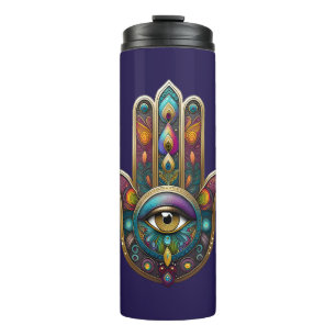 Bouteilles Isothermes Couleurs de paon Hamsa avec Troisième Œil en or