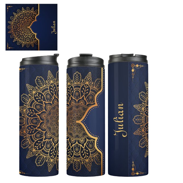 Bouteilles Isothermes Custom Elegant Bleu foncé Faux Or Mandala (Get this Elegant custom dark blue and faux gold mandala for friends, family or you.  )