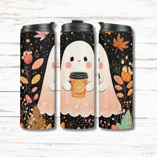Bouteilles Isothermes Cute Autumn Ghost with Pumpkin Coffee – Cozy Fall  (Créateur téléchargé)