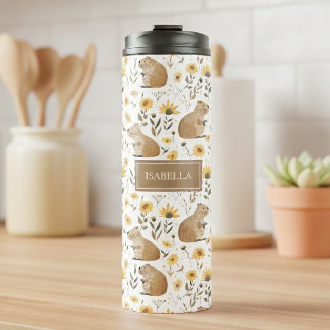 Bouteilles Isothermes Cute Capybara (cute capybara floral sunflowers thermal tumbler, personalized gift for girls,custom gift for runners)