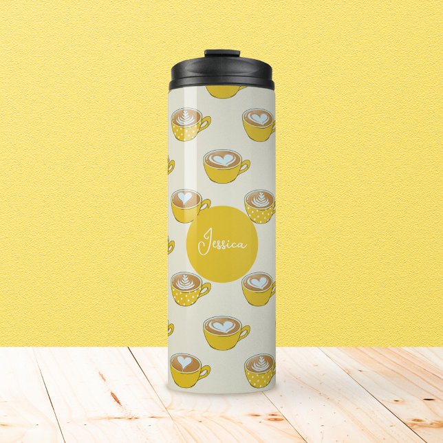 Bouteilles Isothermes Cute Latte Art en Motif de tasses de café jaune (Yellow Latte Art with Custom Name Thermal Tumbler)
