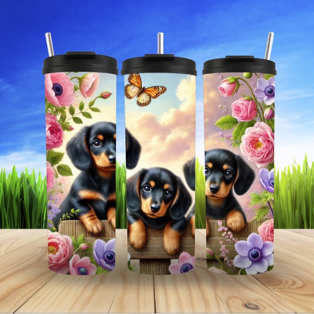 Bouteilles Isothermes Dachshunds dans un jardin de printemps (Créateur téléchargé)