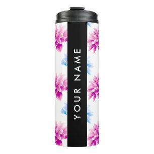 Bouteilles Isothermes Dahlia rose et bleu, motif floral, votre nom