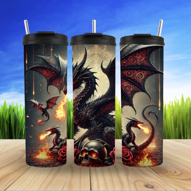 Bouteilles Isothermes Dragon gothique foncé aux ailes enflammées (Créateur téléchargé)