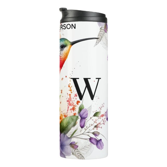 Bouteilles Isothermes Élégant Aquarelle Monogramme de colibri avec nom (Tourné sur la droite)
