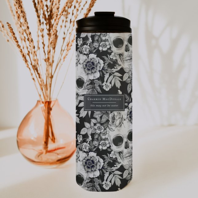 Bouteilles Isothermes Elégant crâne floral foncé sur noir Personnalisé (Créateur téléchargé)