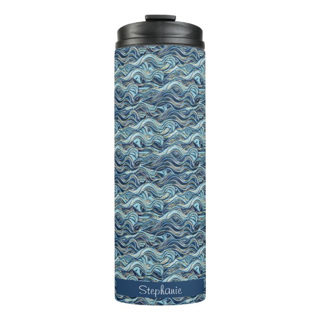 Bouteilles Isothermes Élégant Motif à vague bleue avec accents or (Devant)