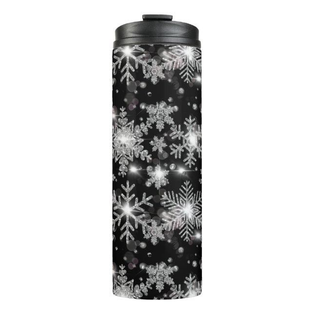 Bouteilles Isothermes Élégant Noël noir blanc argent flocons de neige (Devant)