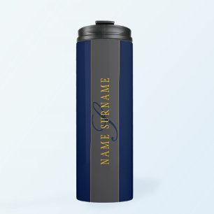 Bouteilles Isothermes Élégant Script Monogram Dark Navy Blue Grey & Gold