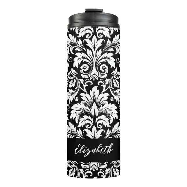 Bouteilles Isothermes Élégant script noir blanc Damas motif (Devant)
