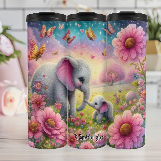 Bouteilles Isothermes Eléphant mère et bébé dans la prairie à fleurs (Créateur téléchargé)