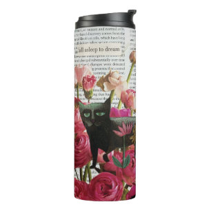 Bouteilles Isothermes Endormez-vous pour rêver Chat noir Fleurs roses ch