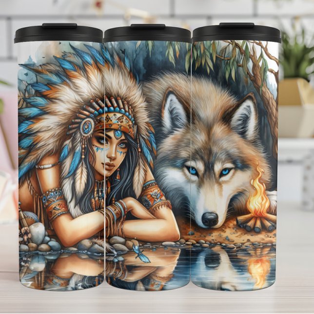 Bouteilles Isothermes Esprit d'aquarelle autochtone : Femme, Loup, Feu. (Créateur téléchargé)