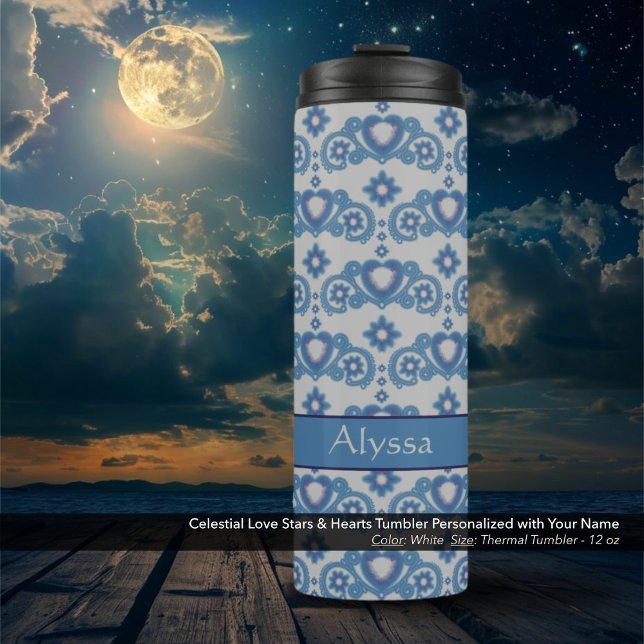 Bouteilles Isothermes Étoiles d'amour céleste Coeurs Bleu clair blanc (Celestial Love Stars and Hearts White Thermal Tumbler Personalized with Your Name)