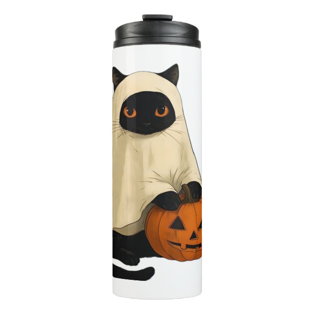 Bouteilles Isothermes Fantôme de chat noir avec T-shirt Citrouille essen (Devant)