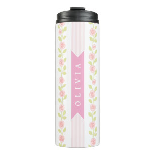 Bouteilles Isothermes Féminine rose personnalisée à fleurs rayée coquett