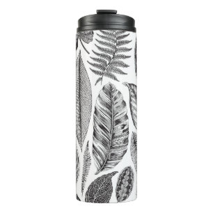 Bouteilles Isothermes Feuilles exotiques, vintage floral noir et blanc.