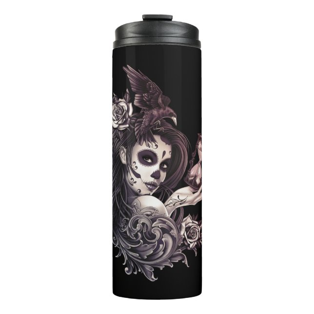 Bouteilles Isothermes Fille de crâne de sucre de style de tatouage avec (Devant)