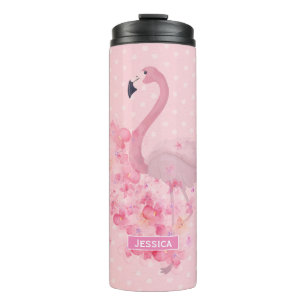 Bouteilles Isothermes Flamant rose d'aquarelle rose Floral et points nom