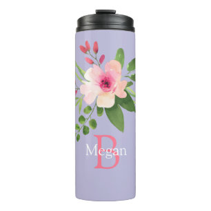 Bouteilles Isothermes Fleur aquarelle, nom et monogramme sur lavande