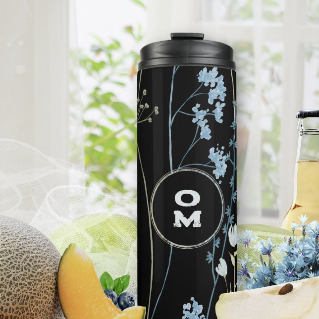 Bouteilles Isothermes Fleur sauvage moderne Monogramme noir clair bleu (Black Blue Wildflower Monogram Thermal Tumbler ©Susanne Sachers - Sunny Mind 🌞)