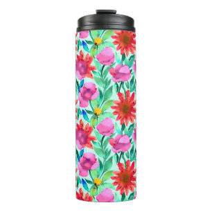 Bouteilles Isothermes Fleurs à l'aquarelle en turquoise, rouge et rose