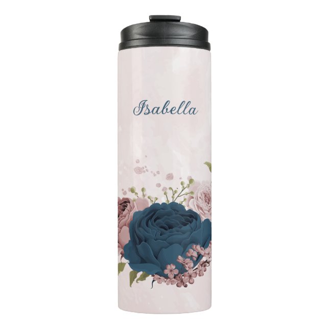 Bouteilles Isothermes fleurs bleues marine rose mariage  (Devant)
