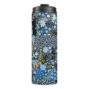 Bouteilles Isothermes Fleurs Bleues Patchwork : Tissu sans couture.